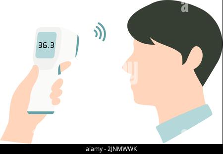 Bild eines Mannes, der die Körpertemperatur mit einem berührungslosen Thermometer misst Stock Vektor