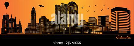 Columbus City Skyline Silhouette - Illustration, Stadt auf orangefarbenem Hintergrund Stock Vektor