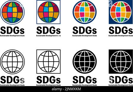 SDGs, Erdsymbole und Logos in vorgeschriebenen Farben für 17 Ziele, 8 Typen Stock Vektor