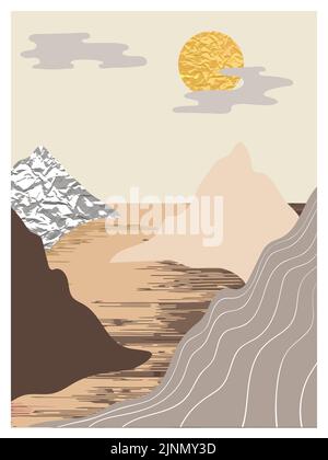 Wandkunst in der Berglandschaft. Sammlung von abstrakten minimalistischen Plakaten Design mit Bergen, Meer, Sonne Stock Vektor