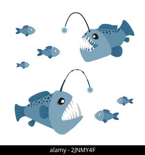 Cartoon Angler Fisch Set. Vektordarstellung von Seeteufel-Figuren. Stock Vektor