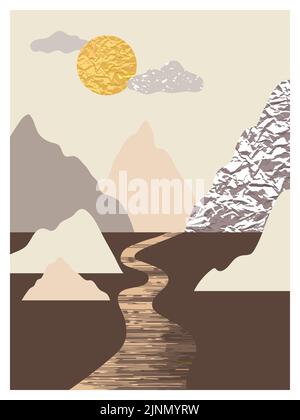 Wandkunst in der Berglandschaft. Sammlung von abstrakten minimalistischen Plakaten Design mit Bergen, Meer, Sonne, Fluss Stock Vektor
