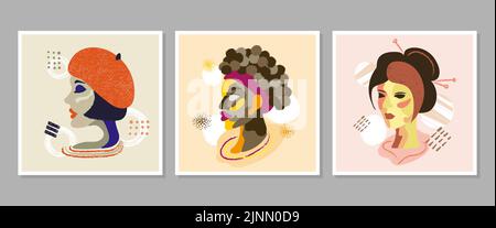 Abstrakte Frauen Portraits Set. Afro, asiatische und französische Mädchen Gesichter Vektor-Illustration. Wandkunst People Collection. Stock Vektor