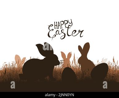 Osterhintergrund mit Silhouette Hase . Silhouette von Hasen mit Eiern im Gras. Vektorgrafik Stock Vektor