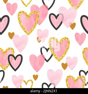 Glitzerndes Gold- und Aquarell-rosa Herzmuster. Nahtloser Hintergrund am Valentinstag. Stock Vektor