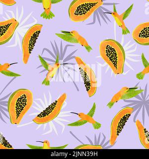Nahtlose Aquarell Kolibris und Papaya Früchte Muster. Vektor Sommer tropischer Hintergrund. Stock Vektor