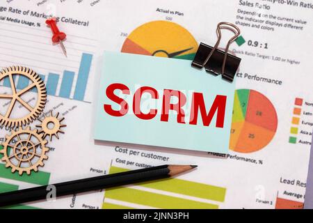 Die Geschäftsakronym SCRM als Social Customer Relationship Management wird über der gelben Straßenmarkierung geschrieben Stockfoto