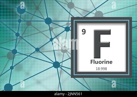 Fluorisches chemisches Element mit Ordnungszahl und Atomgewicht, 3D Rendering Stockfoto