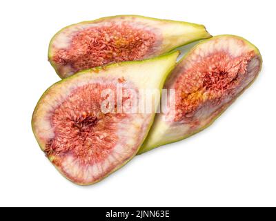 Stücke von gehackten grünen Feigen. Saftige reife Früchte. Diät-Essen. Abb. isolieren. Samen innen schneiden Früchte Stockfoto