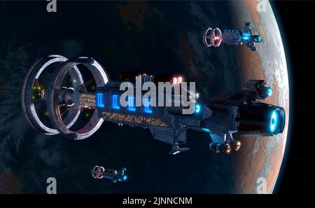 Raumschiffe, die am Alien Planet ankommen Stockfoto