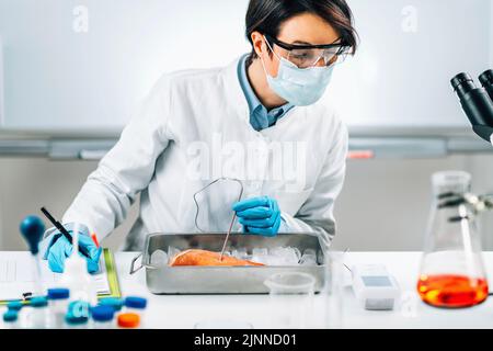Qualitätskontrolle Inspektor Prüfung Fisch Stockfoto