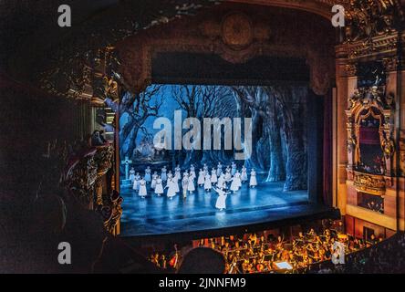 Bühne mit Ballettensemble während des Applaus an der Opera Garnier im Palais Garnier, Paris, Ile de France, Westeuropa, Frankreich Stockfoto