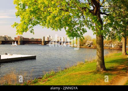 Die Charles River Esplanade in Boston beherbergt einen Park mit Wander- und Fahrradwegen, die einen Blick auf den Fluss und die Longfellow Bridge bieten Stockfoto