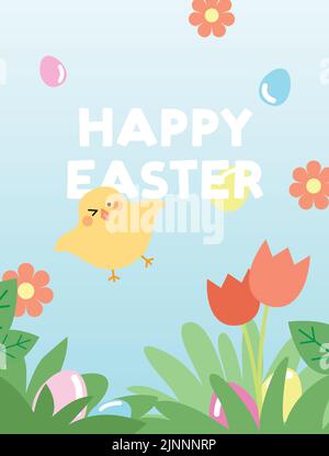 Niedliches osterbaby-Küken-Vogel mit Ostereiern im Gras mit Blumen. Vektorgrafik für Osterposter im Frühling. Stock Vektor