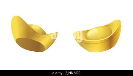 Zwei realistische chinesische Sycees Gold Barren Vektor Illustration Set. Boot geformt yuanbao für chinesische Neujahrsfeste, Symbol des Wohlstands. Stock Vektor