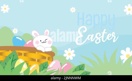Süßes osterbaby und Eier in einem Weidenkorb im Gras mit Blumen. Frühlingsbanner für osterverkäufe, Eiersuche entzückende Cartoon-Zeichnung. Stock Vektor