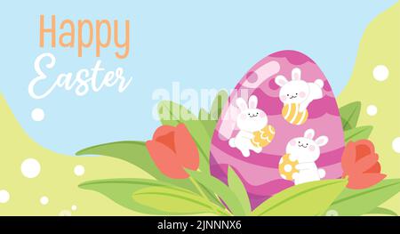 Niedliche entzückende Osterhasen mit großen osterei im Gras mit Blumen Vektor Cartoon Illustration Banner oder Poster. Vorlage für Osterverkäufe im Frühling. Stock Vektor