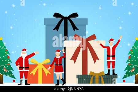 Weihnachtsmann und ein Stapel von Geschenken, weißer Weihnachtshintergrund Stock Vektor