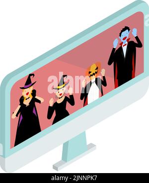 Familien genießen Kostüme auf Online-Halloween-Party, Isometric Stock Vektor