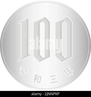 Japanische Yen-Münzen (Geld), 100 Yen-Münze (Rückseite) - Übersetzung: 2021 Stock Vektor