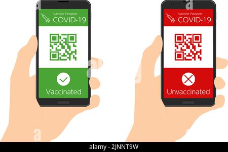 Vakzine Passport Smartphone-App zur Prüfung der Coronavirus-Impfung (geimpft und ungeimpft), Handvorführung des Barcodes Stock Vektor