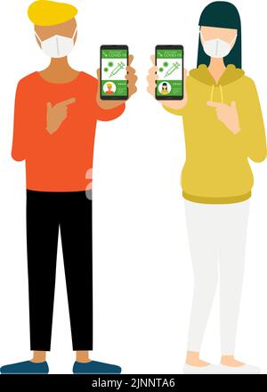 Männer und Frauen, schwarze Männer und chinesische Frauen, die Impfpass für internationale Reisen empfehlen. Stock Vektor