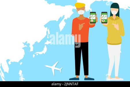 Männer und Frauen, schwarze Männer und chinesische Frauen, die Impfpass für internationale Reisen empfehlen. Stock Vektor