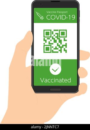 Vaccine Passport Smartphone-App zum Nachweis der Coronavirus-Impfung (geimpft), Handvorzeigen des Barcodes Stock Vektor