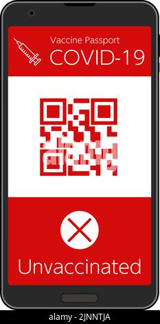 Impfstoff Passport Smartphone-App zum Nachweis der Coronavirus-Impfung (ungeimpft), Barcode Stock Vektor