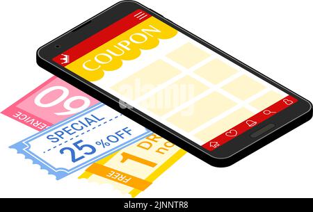 Isometric, eine Smartphone-App zum Finden und Verwenden von Rabattcoupons. Stock Vektor