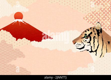 2022 Neujahrsgrusskarte zum Jahr des Tigers, roter Fuji und Tiger, japanisch gemustertes Wolkenmeer im Hintergrund Stock Vektor