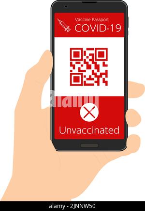 Handvorführung des Impfstoffs Passport Smartphone-App (ungeimpft) mit Nachweis der Coronavirus-Impfung, Barcode Stock Vektor