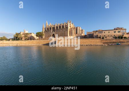 Palma de Mallorca, Spanien. Fassade und Rosenfenster mit dem Namen Ojo del Gotico (gotisches Auge) der Kathedrale Santa Maria und des Parc de la Mar Stockfoto