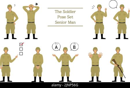 Senior Male Soldier Pose Set, Befragung, Besorgnis erregend, ermutigend, zeigend, Usw. Stock Vektor