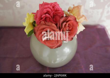 Vase Blumen und Pflanze Topf auf einem Frisiertisch Stockfoto