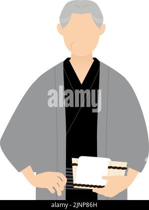 Älterer Mann in Yukata, trägt einen Haori und hält eine Badewanne, Bild einer heißen Quelle Stock Vektor