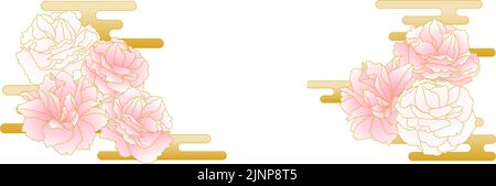 Frühlingsblumen und -Pflanzen, hellrosa gradientenfarbene Doppelkirschblüte (Pfingstrosenkirschblüte) und goldenes japanisches Muster (ekasumi). Stock Vektor