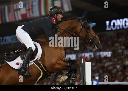 Herning, Dänemark. 12. August 2022. Pferdesport: Weltmeisterschaft, Springreiten. Springreiter Ben Maher (Großbritannien) reitet Faltic HB. Quelle: Friso Gentsch/dpa/Alamy Live News Stockfoto