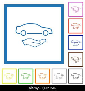 Der Autoservice umreißt flache Farbsymbole in quadratischen Rahmen auf weißem Hintergrund Stock Vektor