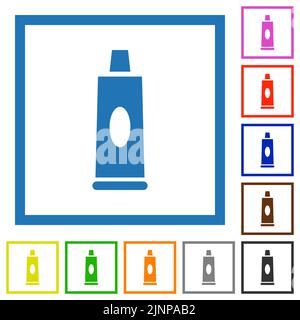 Flache Farbsymbole der Zahnpasta-Tube in quadratischen Rahmen auf weißem Hintergrund Stock Vektor