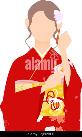 Eine Frau in Kimono, trägt einen Furisode (langärmeliger Kimono)Pause, um Ihre Haare zu fixieren. Stock Vektor