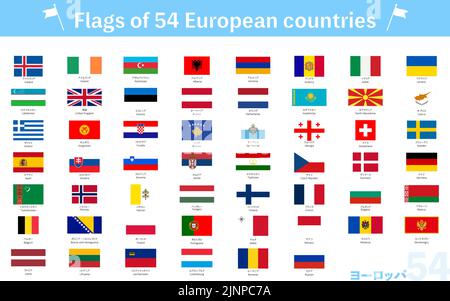 Weltflaggen - Set aus 54 Ländern in Europa - Übersetzung: Europa Stock Vektor