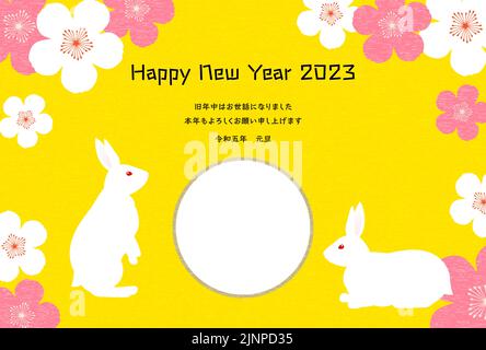 Neujahrskarten für das Jahr des Hasen 2023 Kaninchen und Pflaume, mit Fotorahmen - ein frohes neues Jahr, vielen Dank auch in diesem Jahr. Stock Vektor