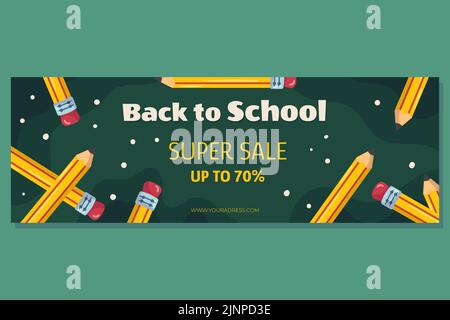 Back to School horizontale Banner-Vorlage zum Verkauf mit klassischem gelben Bleistift mit Radiergummi darauf. Die Bleistifte sind in einem Kreis an einer grünen Tafel der Schule angeordnet. Stock Vektor