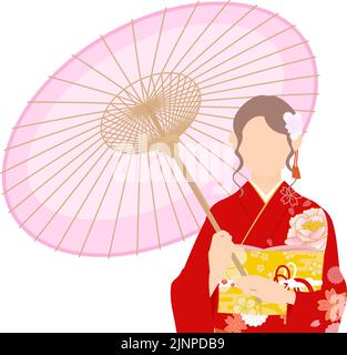 Eine Frau in Kimono, die einen Furisode (langärmeliger Kimono) trägt, steht unter einem Regenschirm Stock Vektor