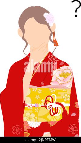 Eine Frau im Kimono, die einen Furisode (langärmeliger Kimono) trägt, hat Zweifel Stock Vektor