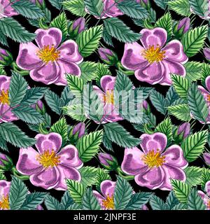 Nahtlos florales Muster mit rosa Wildrose, Hagebutte, Hunderose, grünen Blättern, handgezeichnetes Aquarell-Muster. Design für Stoff, Einladung, Hochzeit Stockfoto