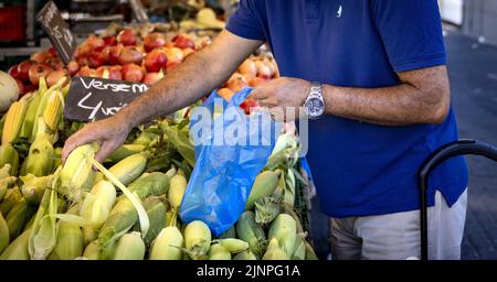 Rotterdam, Niederlande. 13. August 2022. 2022-08-13 10:00:41 ROTTERDAM - die Menschen machen ihre Einkäufe auf dem Markt auf dem Afrikaanderplein. Einkaufen ist in einem Jahr um 12 Prozent teurer geworden. Insbesondere Nudeln, Brot und Sonnenblumenöl stiegen stark an. ANP RAMON VAN FLYMEN netherlands Out - belgium Out Credit: ANP/Alamy Live News Stockfoto