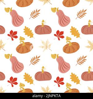 Nahtloses Muster aus stilisierten orangefarbenen Kürbissen, Herbstblätter auf hellem Hintergrund. Erntedankfest. Ahorn, Eichenblatt. Halloween. Herbst. Helle Kürbisse Stock Vektor