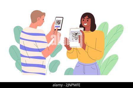Frau zeigt QR-Code, Mann scannt ihn. Stock Vektor